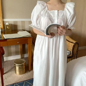 Women Sweet Sleepwear Lace Nightdress Ruffled Puff Sleeve Nightwear Retro Chic - Picture 1 of 14