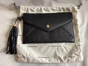 Isaac Mizrahi Black Pebbled Leather Envelope Clutch With Tassel And Dustbag - Picture 1 of 5