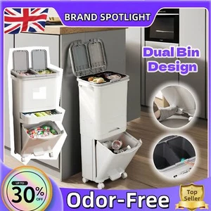 Kitchen Rubbish Waste Bin Recycling Dual Multi Compartment Pedal Dustbins Wheels - Picture 1 of 9