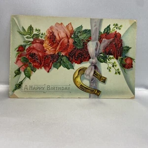 Tarjeta Postal Vintage Feliz Cumpleaños Rosas Repujadas Herradura - Imagen 1 de 8