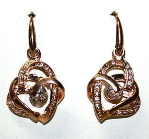 Rose Gold Asymmetrical Triple Hearts Clear Rhinestones Hook Earrings - Picture 1 of 3