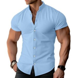Mens Shirt Blouse Button Down Casual Fitness Muscle Polyester Solid Color
