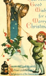 Cute Adorable Girl Ringing Bell Vintage Christmas Postcard (A28) - Picture 1 of 3