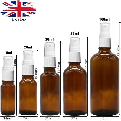 AMBER Glass Spray Bottles WHITE Atomiser Mist Spray Sprayer Refillable 10 -100ml - Image 1 of 4