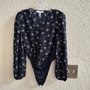 By Design Black Floral Bodysuit Size Small S Long Sleeve Snaps in the Bottom - Picture 1 of 5