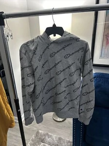 Champion Youth Large Gray & Black Spellout Logo Allover Print Hoodie Active Wear - Picture 1 of 3
