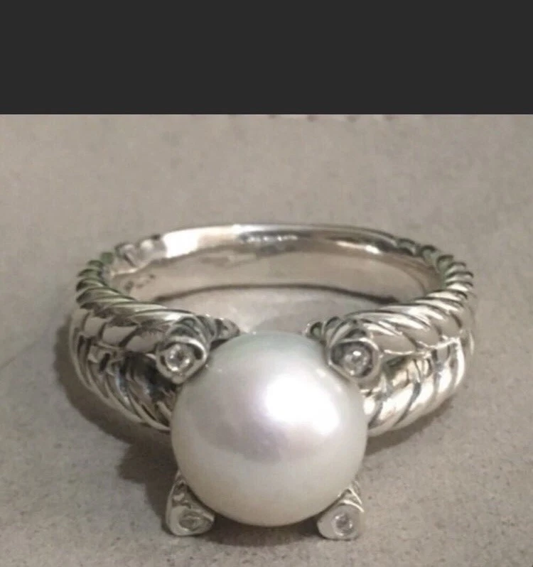 Anillo de plata David Yurman 9,5-10 mm perlas diamantes cable clásico talla 9,5 Foto 1 de 4