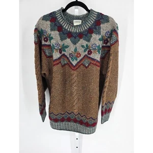 Vintage 1990s Merona Womens Sz M Handknit Wool Sweater Fair Isle - Picture 1 of 5