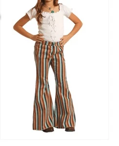 Rock & Roll® Youth Girl's 10 Striped Button Bell Jeans Western Cowgirl Pants New - Picture 1 of 10