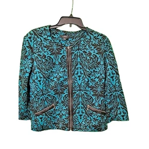 Women Blazer Blue Black Damask Zip-Up Pockets Collarless Lg Elementz - Picture 1 of 4