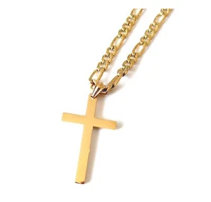 14K Gold Figaro link Chain Cross Pendant Necklace Gold filled Clasp for Men,H... - Picture 1 of 6