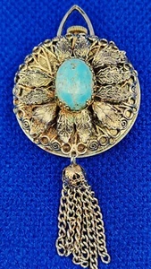Vtg HERITAGE Swiss Made Mechanical Gold Tone Turquoise Pendant Watch WORKS Read! - Picture 1 of 14