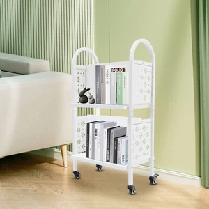 2Tiers Library Book Storage Cart Rolling Book Truck Book Cart W/ Handle+4 Wheels - Picture 1 of 16