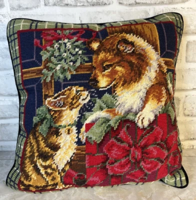 Vintage Handmade Needlepoint Collie Dog & Cat Present 14" Pet Owner Gift Decor - Image 1 of 4