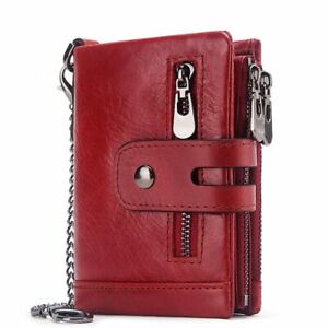 Mens Bifold Wallet Genuine Leather RFID with Chain and Double Zipper Coin Pocket