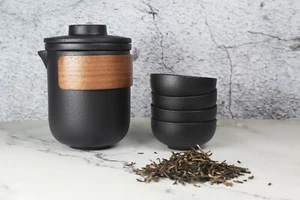 Ceramic Tea Set With 1 Teapot And Cups Wooden Handle With Infuser - Picture 1 of 24