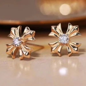 Simple Cool Cross Natural Diamond Women Stud Earrings 14K Yellow Gold Fine Gift - Picture 1 of 4