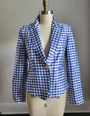 EMPORIO ARMANI BLUE & WHITE CHECK 100% SILK BLAZER JACKET Pristine Condition - Image 1 of 3