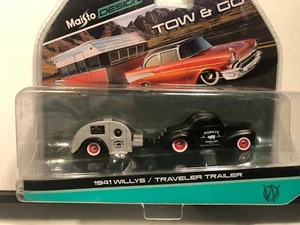 1/64 MAISTO TOW & GO 1941 WILLYS & TRAVELER TRAILER BLACK & SILVER 2 - Picture 1 of 4