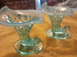2 Blue Hobnail Fenton Opalescent Horn/boot Mini Vase - Picture 1 of 9