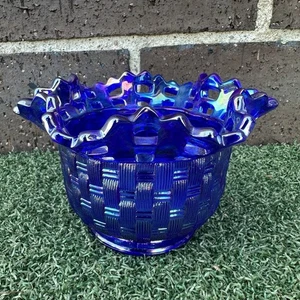 Fenton Carnival Glass Basket Weave Bowl Purple/Blue Lace Trim - EXCELLENT - Picture 1 of 4