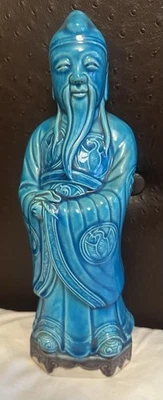 Antiguo Chino Turquesa Azul Esmalte Cerámica 11” Alto Deidad Erudito Antiguo Mudman Foto 1 de 4