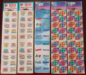 LOTTO ADESIVI 5 CONFEZIONI ADESIVI BUON COMPLEANNO, WWJD E PAROLE DI LODE - Foto 1 di 1