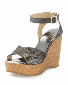 Jimmy Choo PAPYRUS Metallic Schlangenabdruck LOGO Keilabsatz Sandalen EU 40 I LOVE SCHUHE - Bild 1 von 9