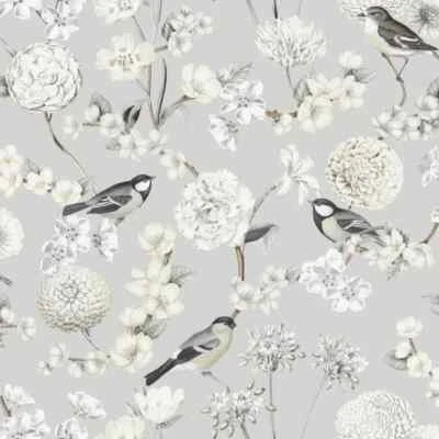 Papel pintado de lujo floral con estampado de pájaros gris y crema Muriva Avery 202501 Foto 1 de 3