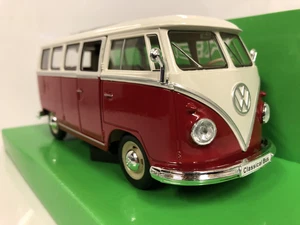 1963 Volkswagen T1 Bus Red White 1:24 27 Scale Welly 22095W - Picture 1 of 6