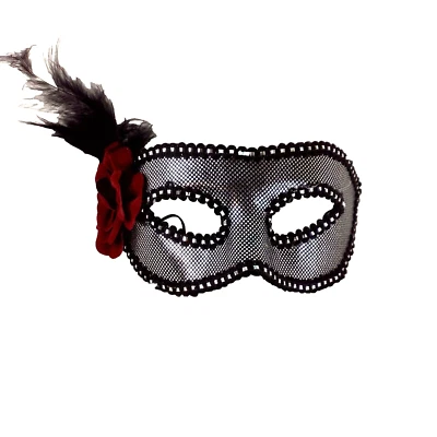 Red Black Masquerade Mask Feathers Flower Adult Party Costume Party B4-2117 - Image 1 of 4