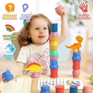 Montessori Dinosaur Toys for 1-4 Year Old Toddlers, Wooden Dinosaur Blocks So... - Picture 1 of 12