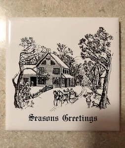 Vintage Seasons Greetings ceramic glazed tile 4 1/4 X 4 1/4 England cork back - Picture 1 of 6