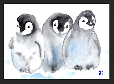 ACEO Watercolor Print Cute Three Penguins Painting by Ilona Winter