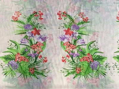 Tela floral de gasa con flor de dalia púrpura lirio tigre rojo sobre marfil, 59" w, por comprar Foto 1 de 4