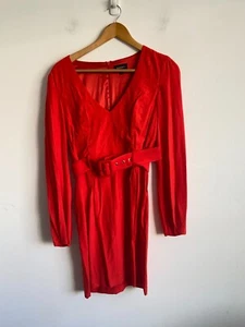 Bardot Dress Womens Size 12 Red Long Sleeve Belted V-Neck Zip Lined Work Party - Picture 1 of 8