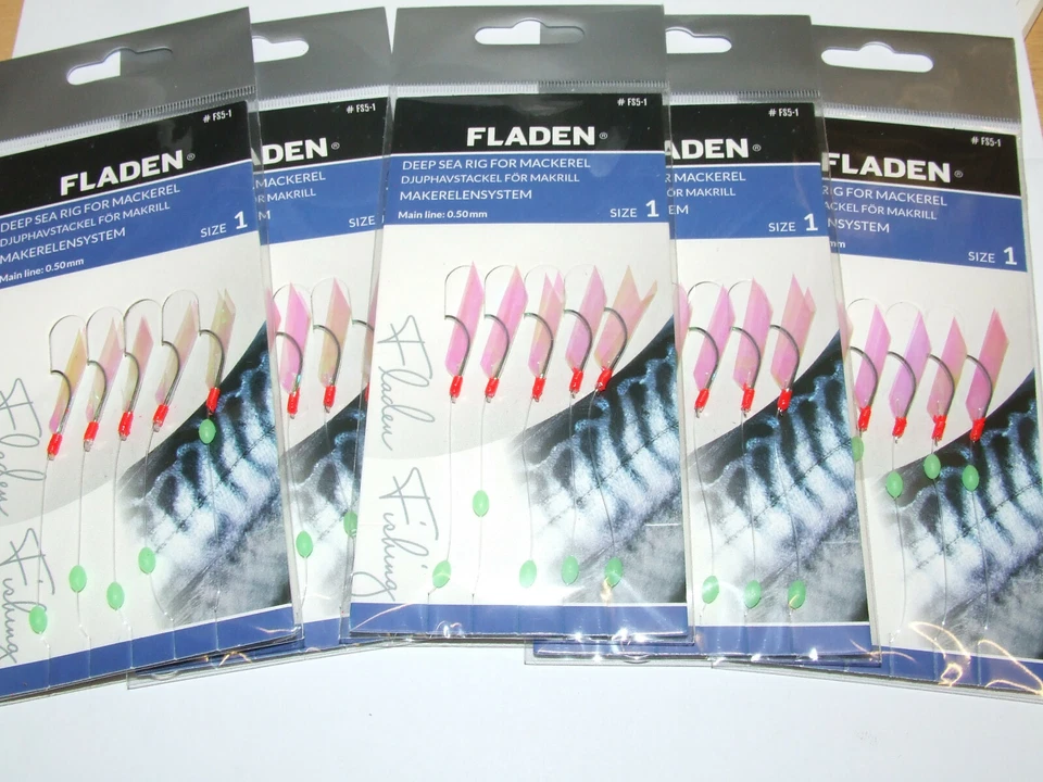 5 Packs Fladen Mackerel Fish Skin Rig 5 Hook Size 1 Fishing Cod Bass Daylite - Image 1 of 3