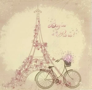 P668# 3 servilletas de papel individuales para decoupage flores rosas torre Eiffel y bicicleta - Imagen 1 de 3