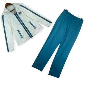 Madeleine White Teal Fleece Soft Studded Full Zipper Tracksuit Womens Size 8 - Picture 1 of 23