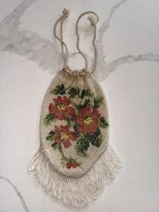 Vintage Micro Beaded Reticule Drawstring Purse Floral Flapper Evening Bag - Picture 1 of 8