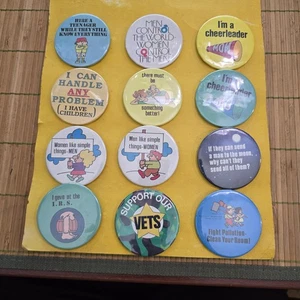 Vintage mostly girl/woman power teen/cheerleader etc pin back buttons 2 1/4" - Picture 1 of 2