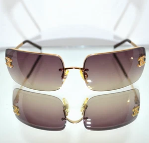 RARE Chanel Crystal Logo Rimless Sunglasses Gold/Mocha Rhinestones 4104-B 125 - Picture 1 of 24