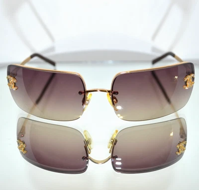 RARE Chanel Crystal Logo Rimless Sunglasses Gold/Mocha Rhinestones 4104-B 125 - Image 1 of 4