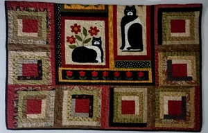 Handmade Vtg Granny Kitschy Cottagecore Kitty Cat MoM Lap Quilt Blanket Squares - Picture 1 of 6