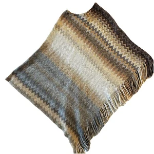 Ryan Michael Poncho One Size OS blau braun Strick Fransen gestreift Southwestern - Bild 1 von 9