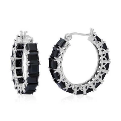 Black Spinel Hoop Earrings in Rhodium Plated Silver 5.80 grams, black spinel - Image 1 of 4