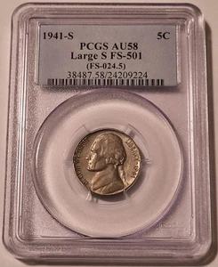1941 S Jefferson Nickel Large S FS-501 AU58 PCGS Toned - Picture 1 of 4