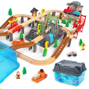 100Pcs Wooden Train Set for 3 Year Old Boys, Double-Side Train Set Tracks wit... - Picture 1 of 7