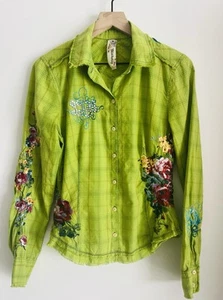 Johnny Was 3J Workshop Women's Embellished Fairy Tales Embroidered Plaid Top M - Picture 1 of 12