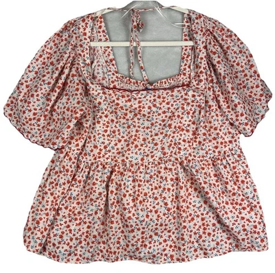 Old Navy Micro Floral Shirt 2X Puff Sleeve Scallop Trim Flowy - Image 1 of 4